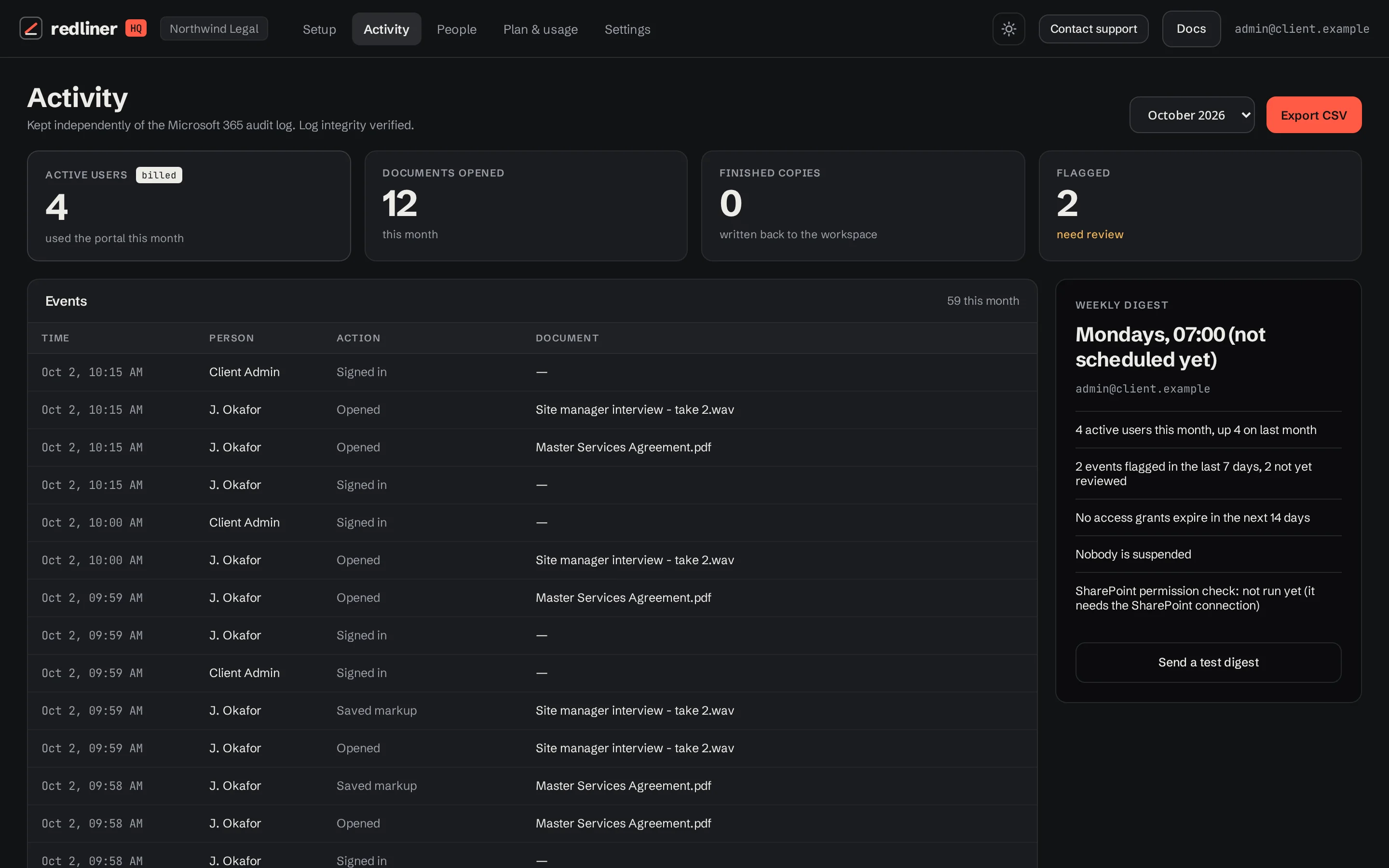 The Activity page with recorded events and review controls