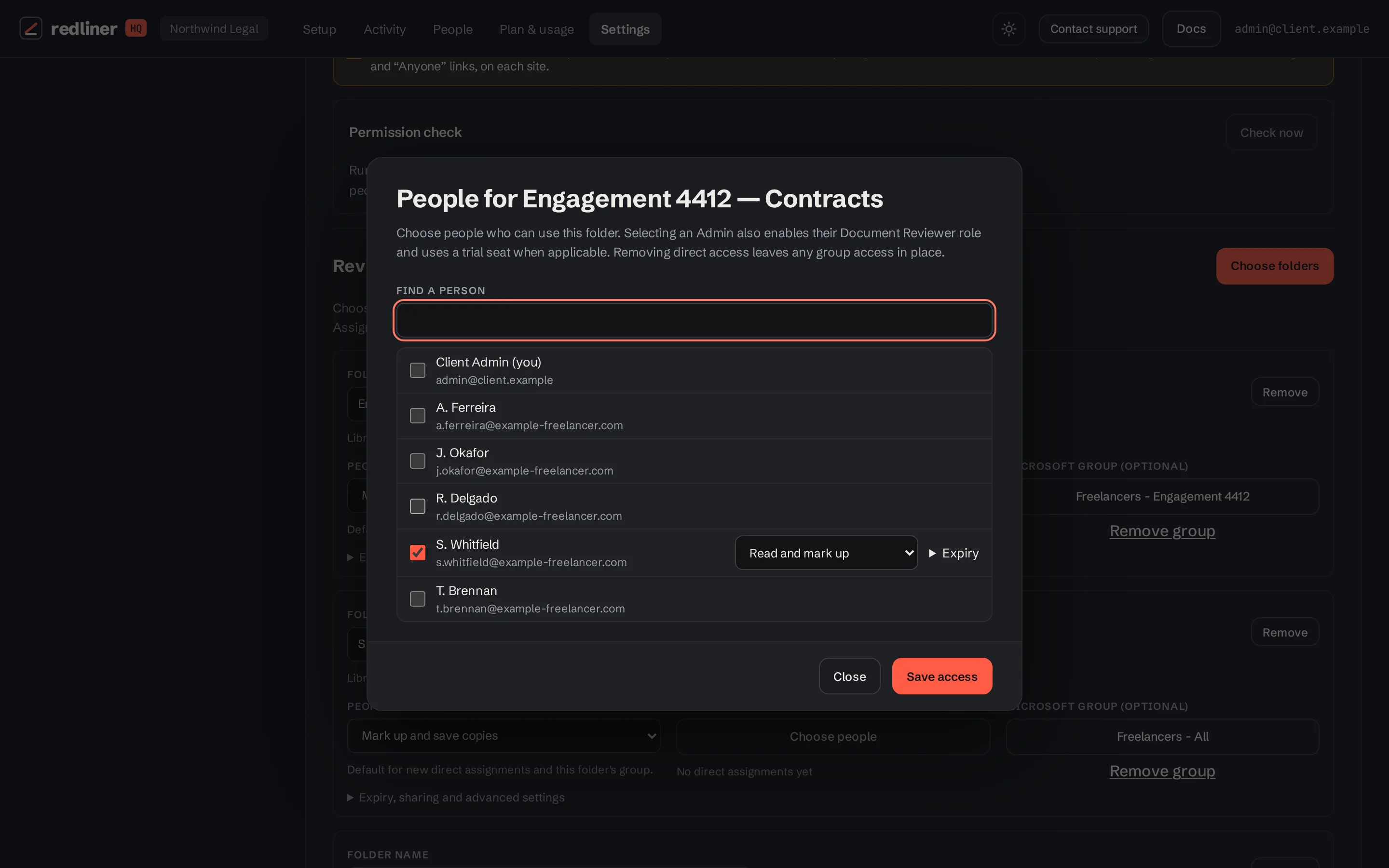 The people chooser for a folder with checkboxes and per-person access levels