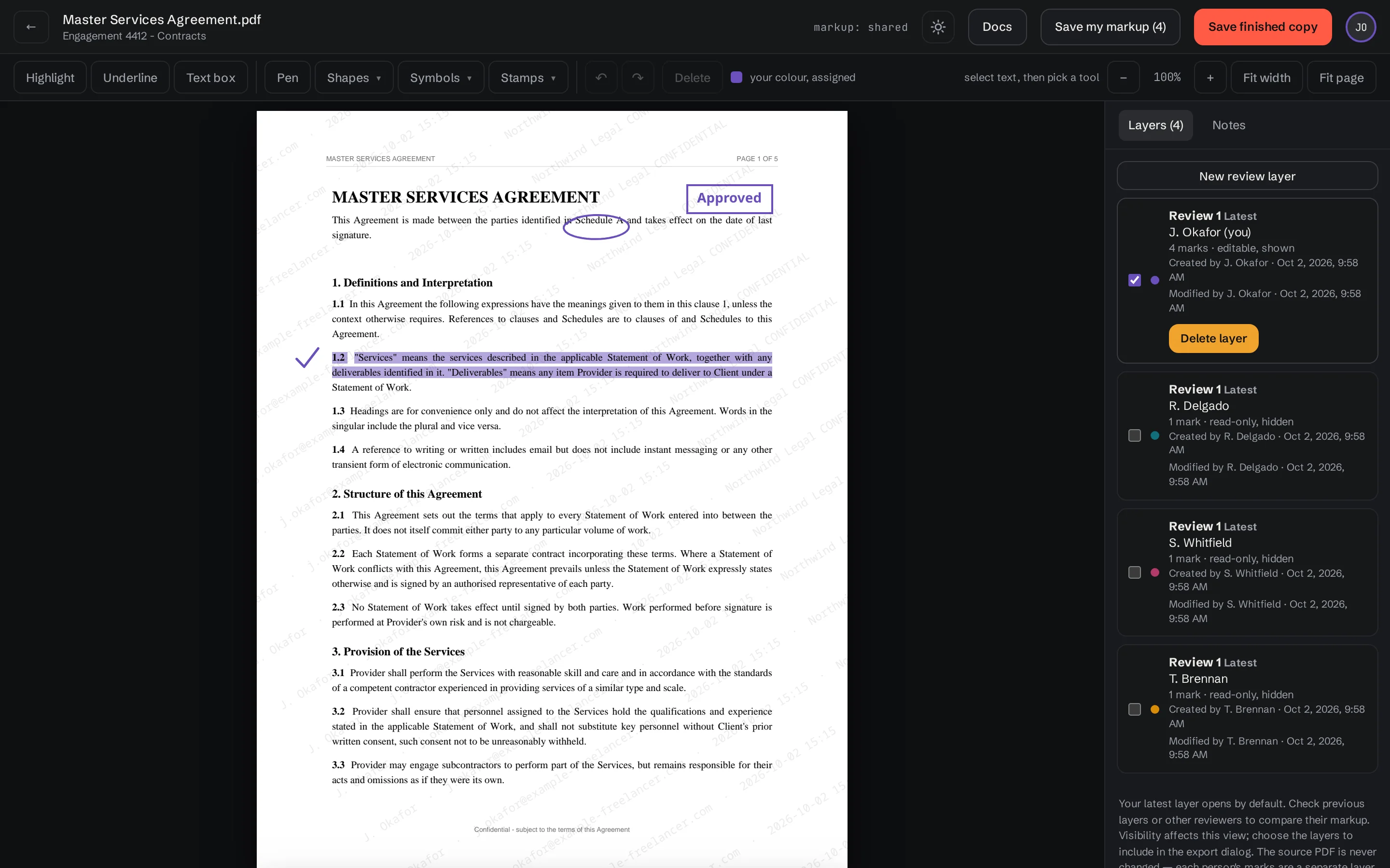 The PDF Layers panel showing named layers, authors, visibility and modification details