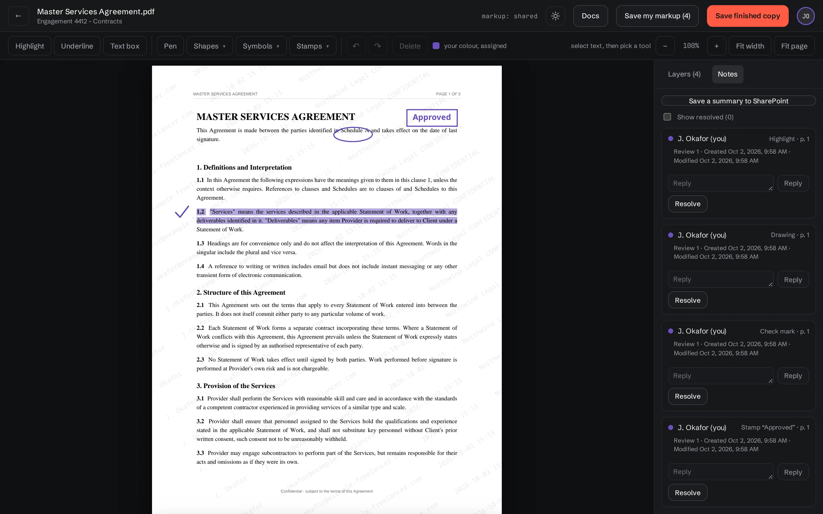 A PDF open in the viewer with markup and the Notes panel