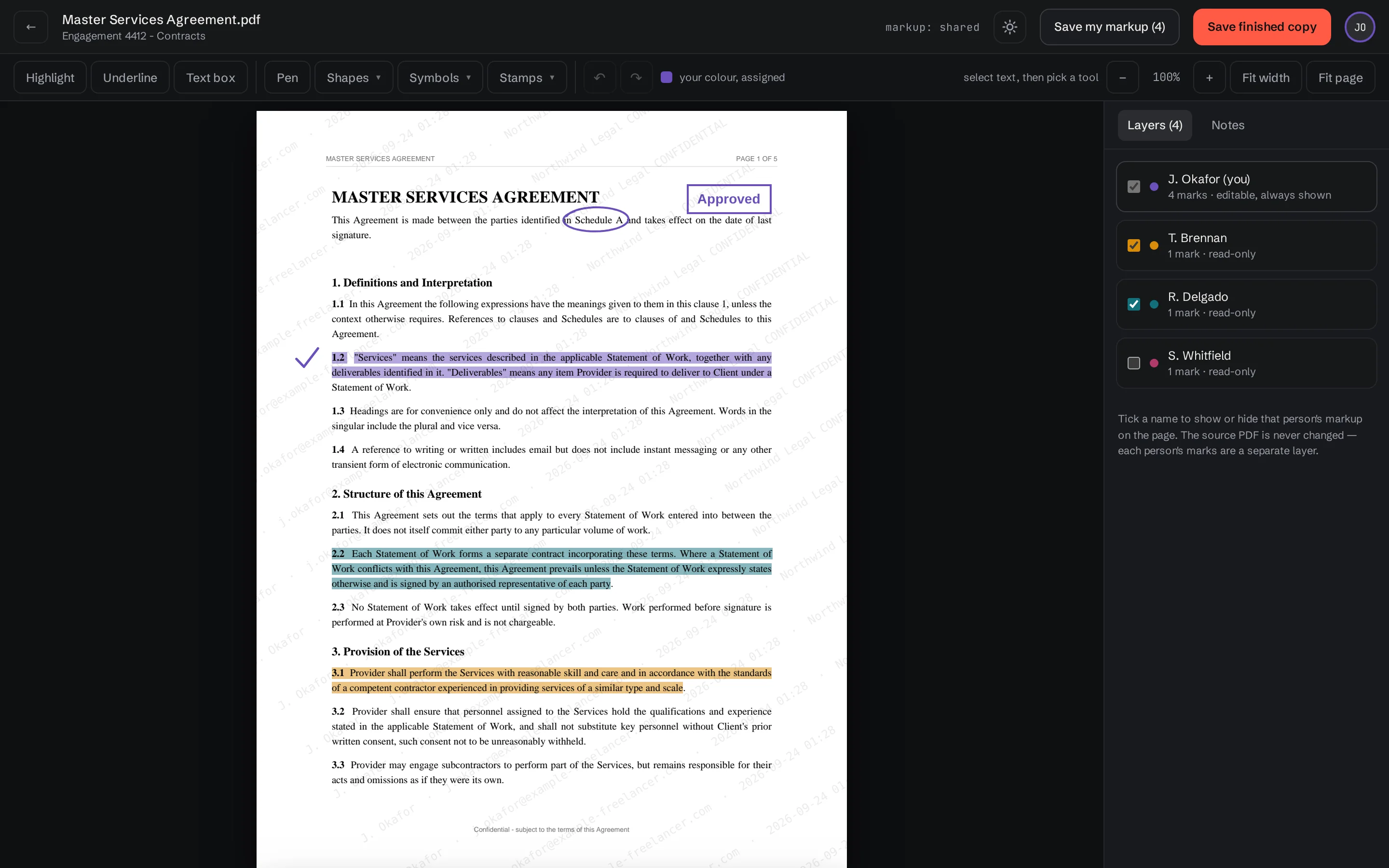 The layers panel listing three reviewers, each with their own colour and a switch