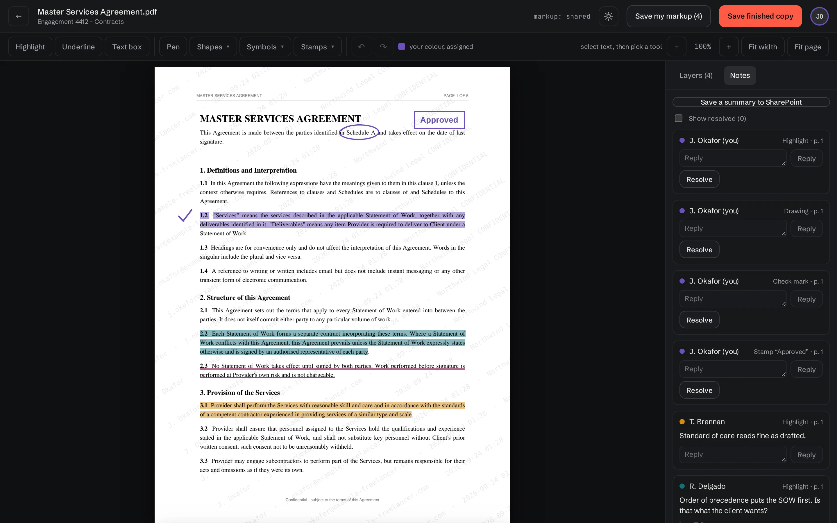 The viewer: a contract page with a yellow highlight and a comment thread in the side panel